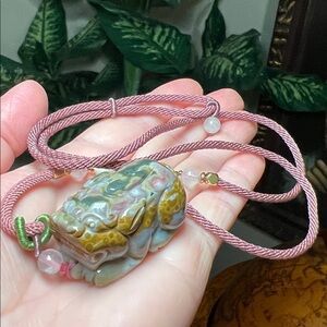 RARE Carved Ocean Jasper Pixiu Foo Dog Amulet Pearl Moonstone Cord Necklace
